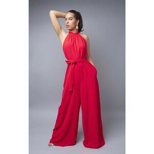 Red Halter Wide-Leg Jumpsuit